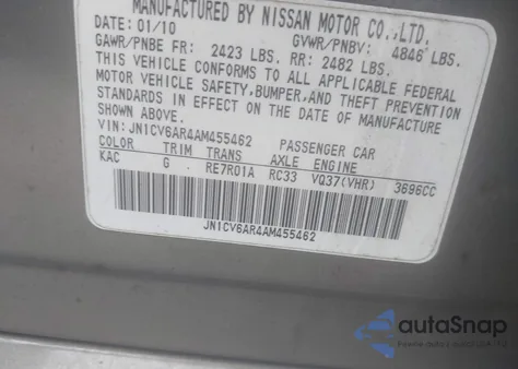 2010 Infiniti G37X z USA, uszkodzony, nr VIN JN1CV6AR4AM455462